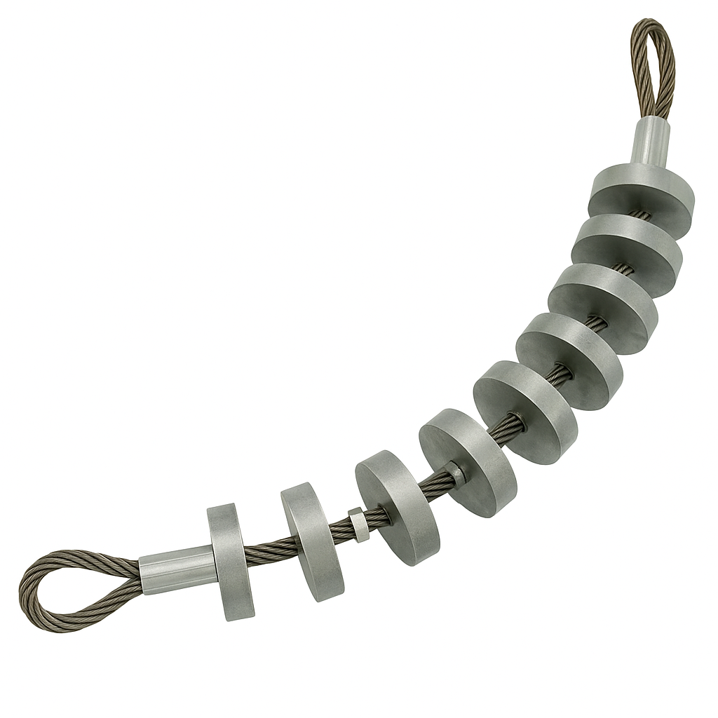 Flexible steel mandrel designed for underground utility applications, featuring multiple steel discs on a durable cable.