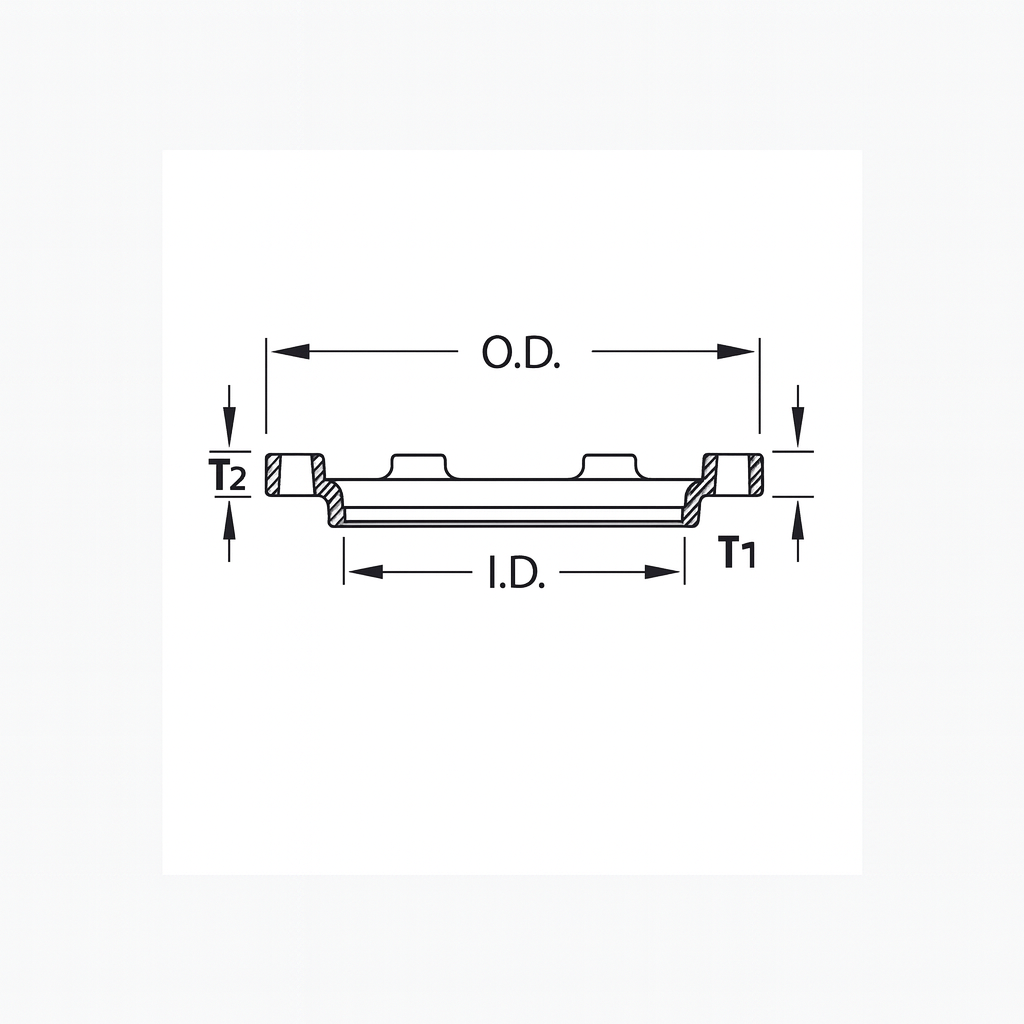 Technical line diagram of an MJ Adapter gland ring showing O.D., I.D., T1, and T2 dimensions