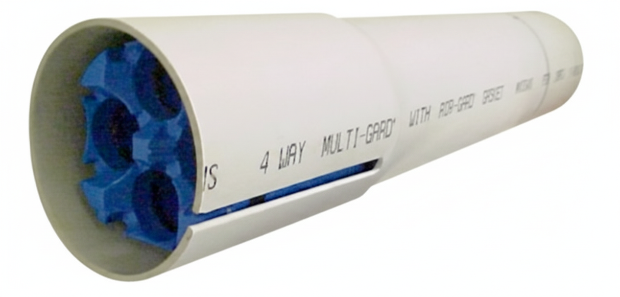 PVC Multi-Gard 20' Stick with Bell End | 4-Way and 3-Way Multi-Cell Raceway Conduit for Direct Bury or Concrete Encasement