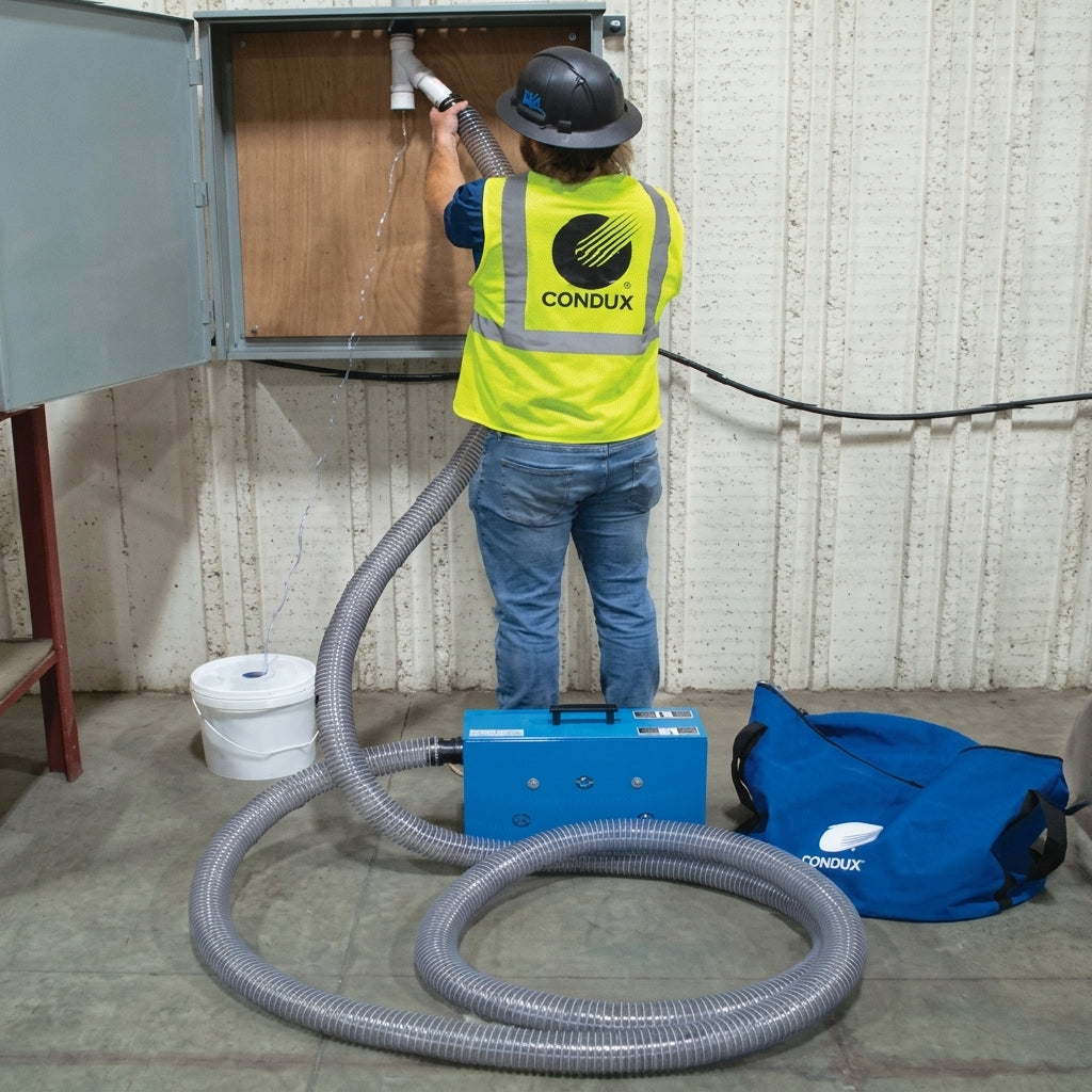 Worker operating a Condux Power Dart Blower to install pull line through conduit at an indoor utility jobsite.
