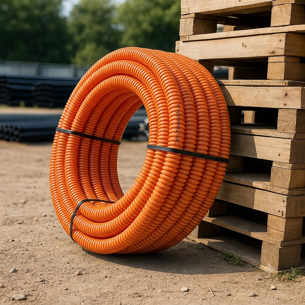 Orange corrugated innerduct coil staged for fiber optic duct installation