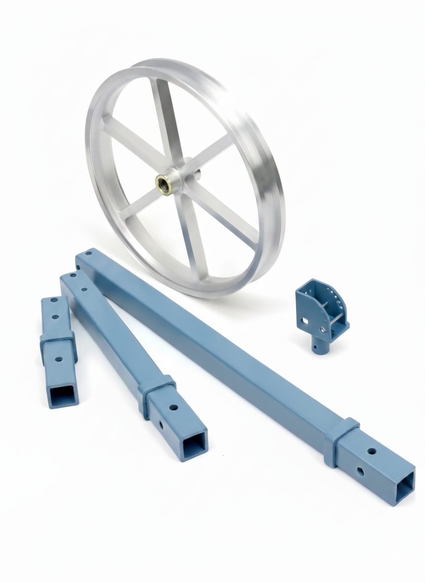 Adjustable center tube mounts and fiber optic sheave mounts in blue and silver, designed for utility applications.