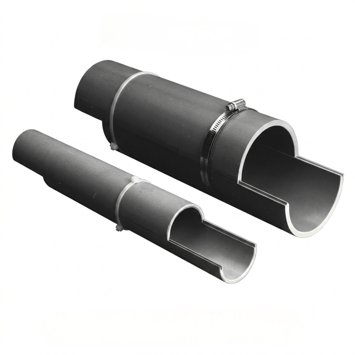 Split PVC duct with tongue-and-groove design and clamp, shown in Schedule 40 and Schedule 80 options for electrical and telecom conduit repair.
