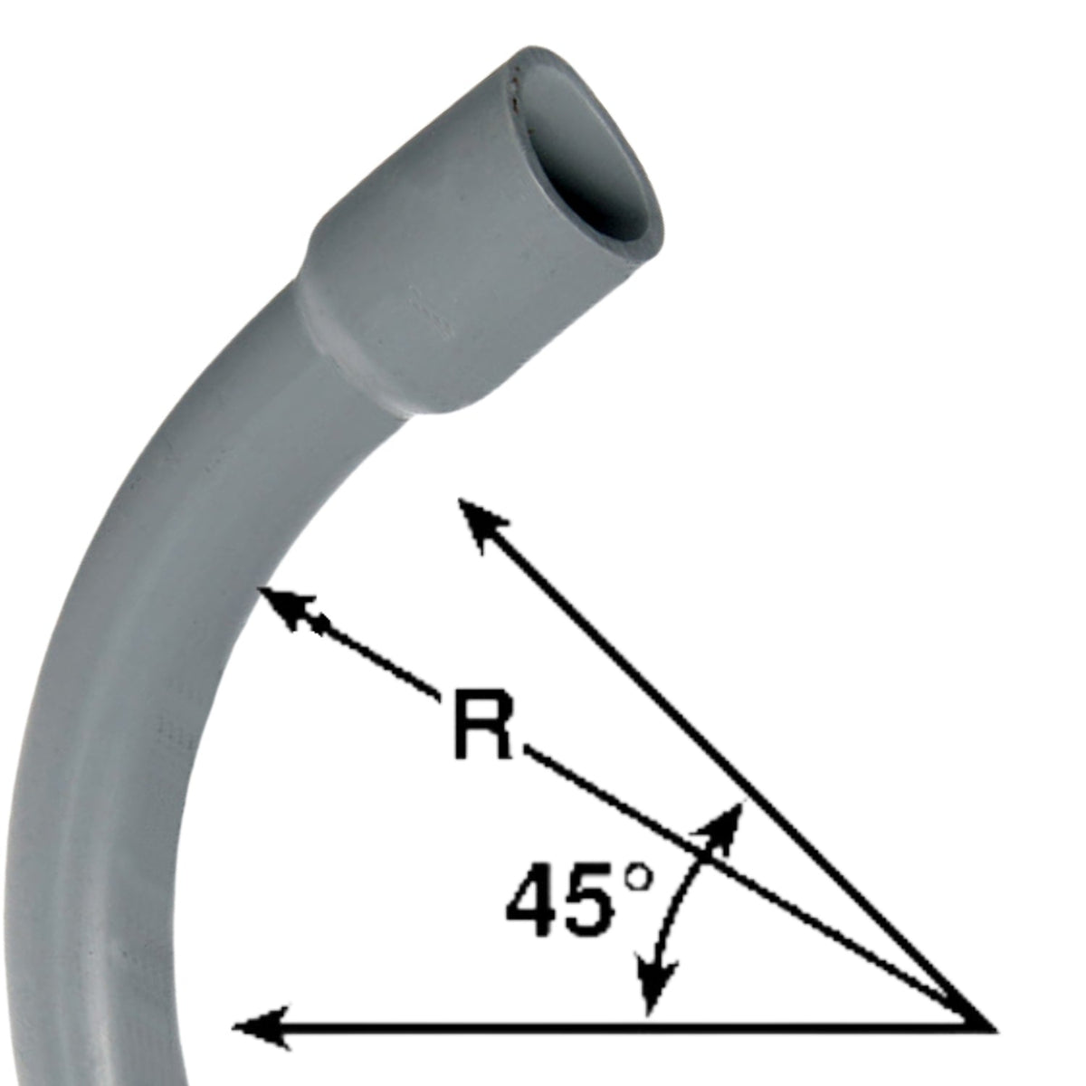 Dimension diagram for Schedule 40 PVC sweep elbows showing sweep radius and bell end