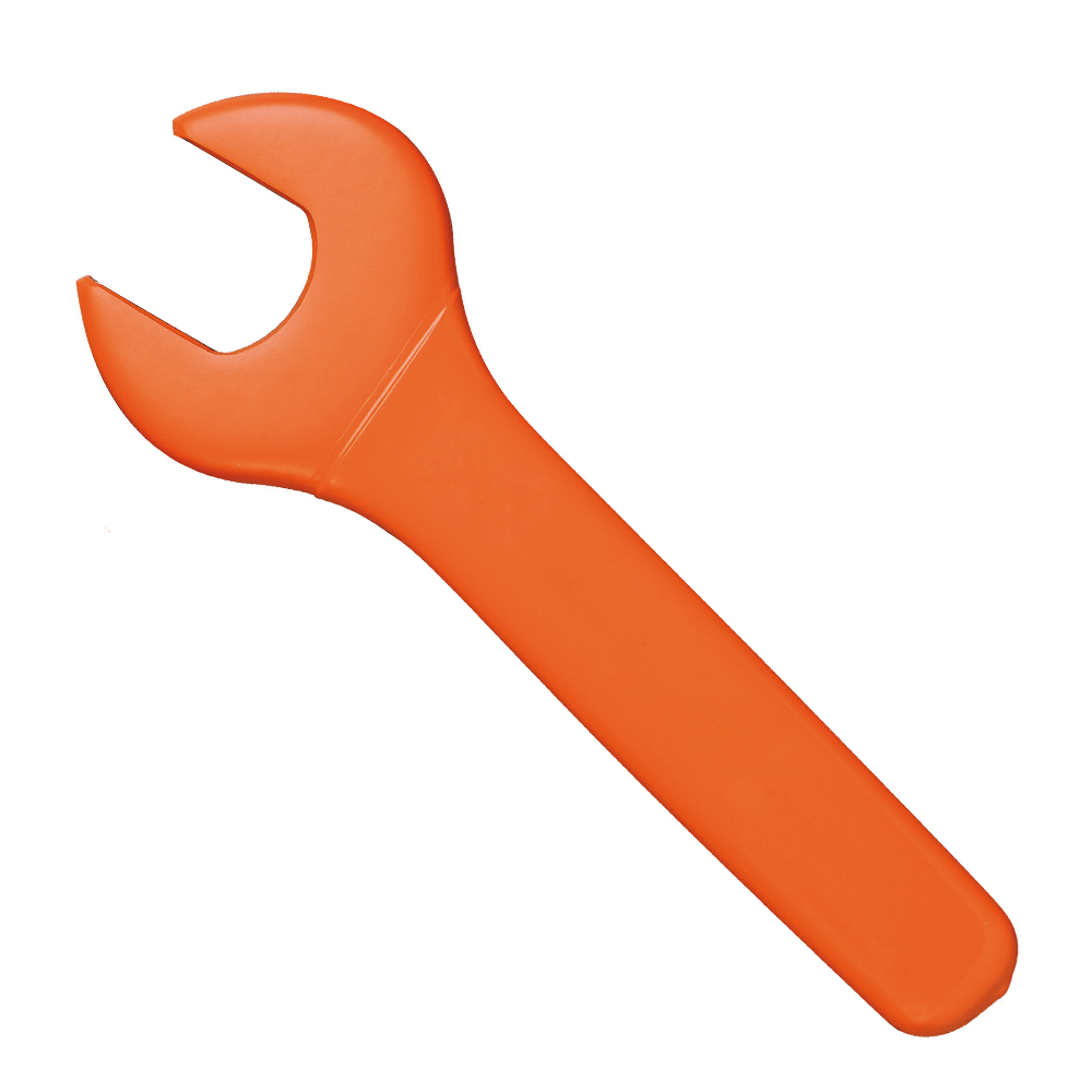 Insulated open-end wrench with a 1000V rating, featuring a bright orange handle for safety and visibility.