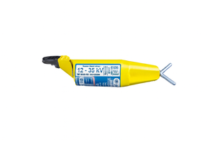 Electric voltage detector for 1kV to 69kV range, featuring a yellow body with clear voltage specifications.