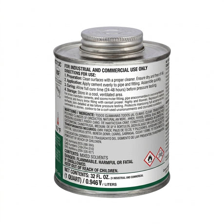 Oatey 31133 PVC cement 32 oz can, back label with directions and warnings