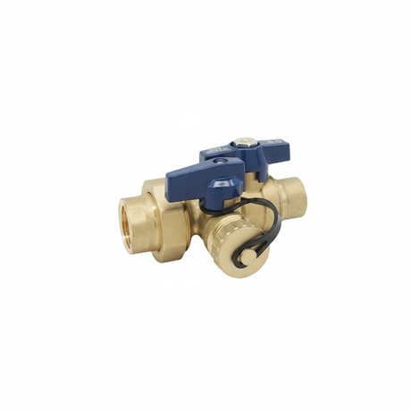 Blue-handle lead-free brass ball valve with solder × FNPT connections, full-port design, integral relief and drain ports for tankless water heater systems.
