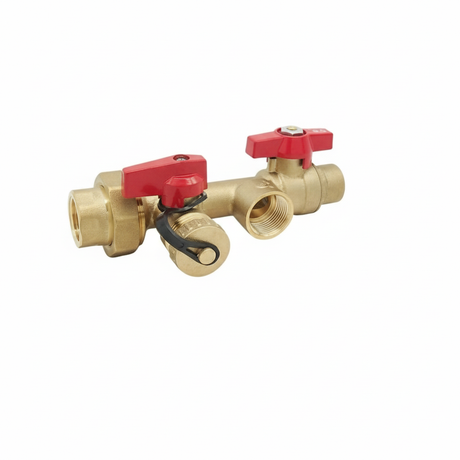 Red-handle brass ball valve with solder × FNPT connections, full-port design, and integral relief port for tankless water heater installations on white background.