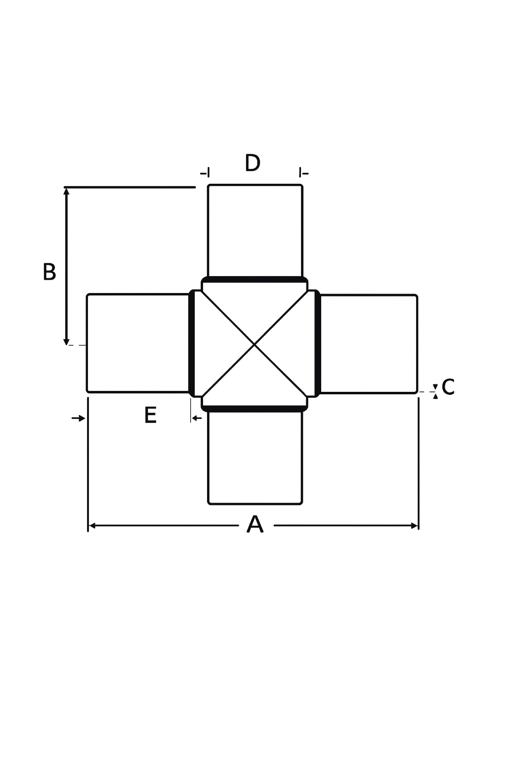 Technical dimension diagram of molded HDPE 4-way cross showing A, B, C, D, and E measurements