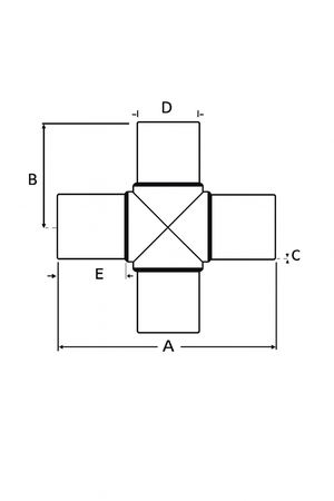 Technical dimension diagram of molded HDPE 4-way cross showing A, B, C, D, and E measurements