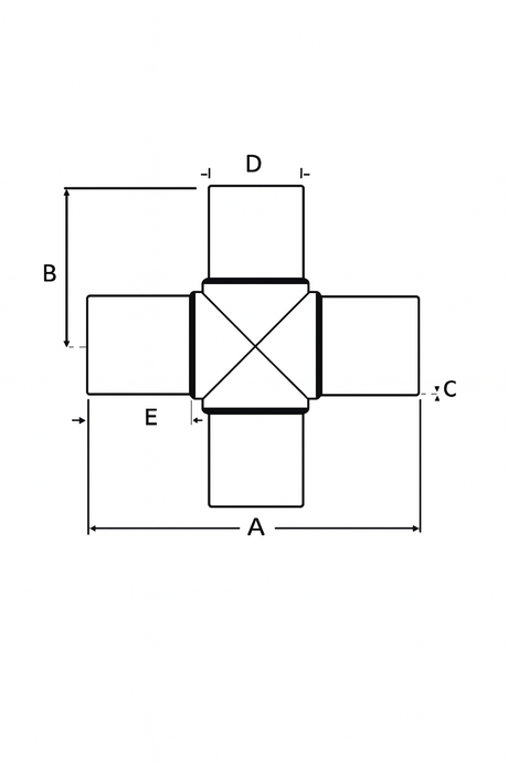 Technical dimension diagram of molded HDPE 4-way cross showing A, B, C, D, and E measurements