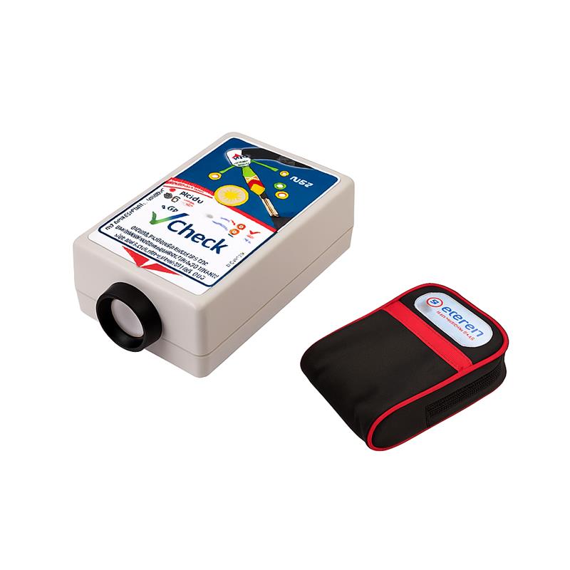 V CHECK Capacitive Voltage Detector Testing Unit with battery power, featuring a compact design and protective carrying case.