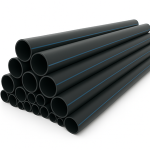 HDPE pressure pipes stacked in a pyramid, designed for water and sewer applications, meeting AWWA C906 standards.