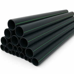 HDPE pressure pipes stacked, compliant with AWWA C906, designed for water and sewer applications.