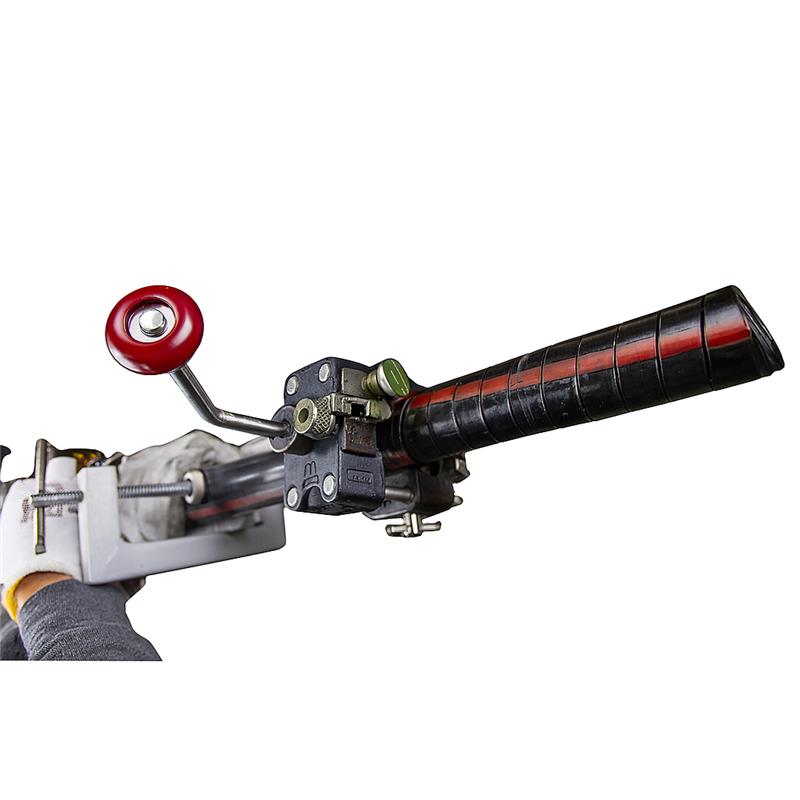 Semi peelable conductor scorer tool designed for medium and high voltage cables, featuring a grip handle and scoring mechanism.