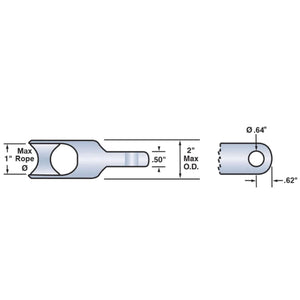 Condux swivel clevis dimensional diagram showing 1-inch maximum rope diameter and 2-inch maximum outside diameter