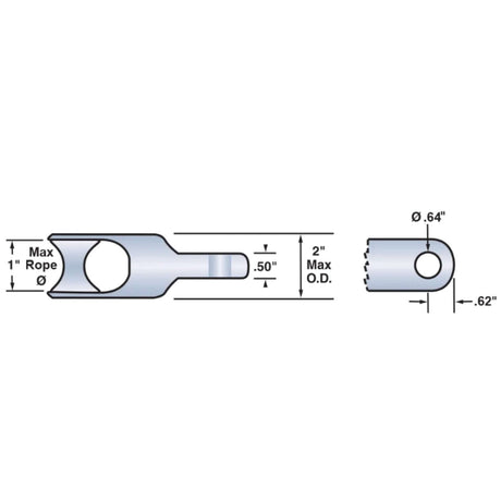Condux swivel clevis dimensional diagram showing 1-inch maximum rope diameter and 2-inch maximum outside diameter