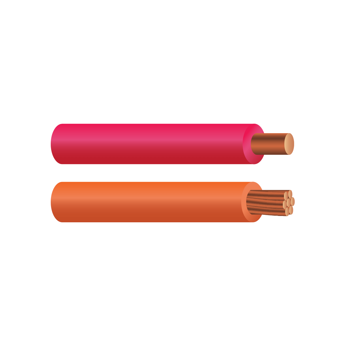 Tracer wire in pink and orange insulation showcasing solid and stranded copper conductors for underground utility locating.