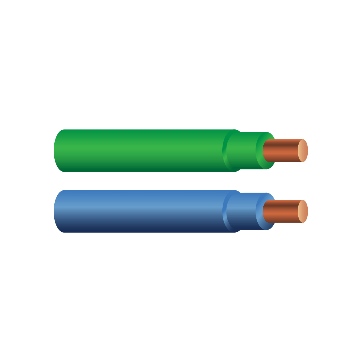 Illustration of copper TFN/TFFN wire with green and blue insulation, showcasing solid and stranded conductors.