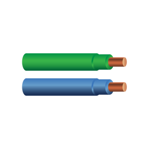 Illustration of copper TFN/TFFN wire with green and blue insulation, showcasing solid and stranded conductors.