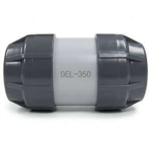 Side view of a 3 inch ETCO Double E-Loc coupling, part DEL-350, with gray end nuts and light gray center body