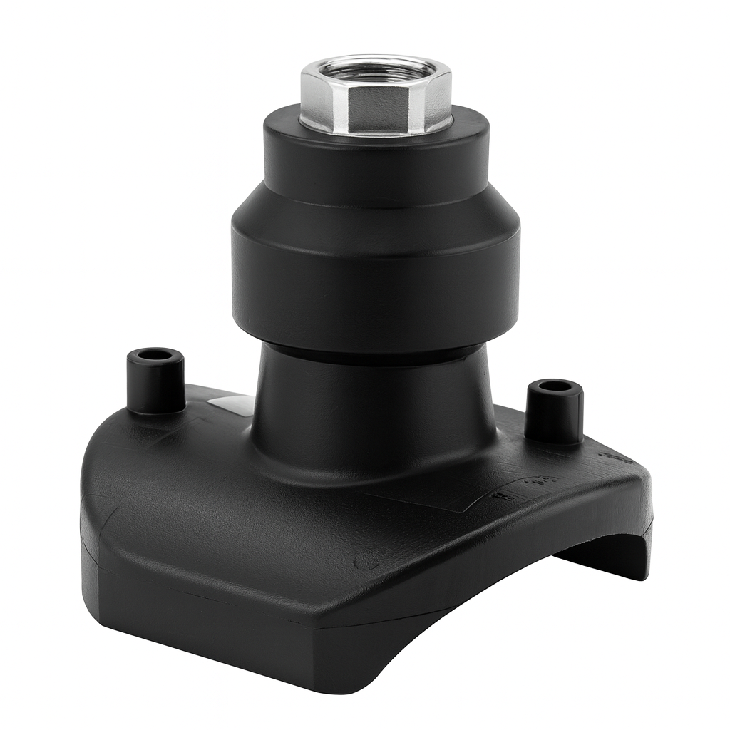 Electrofusion transition saddle with stainless steel female outlet, black PE4710 injection-molded saddle