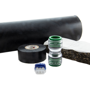 FuturePath splice kit contents - HDPE protective sleeve, straight MicroDuct coupler, 36 ft vinyl electrical tape roll, sealant strips and pinpoint wire connector