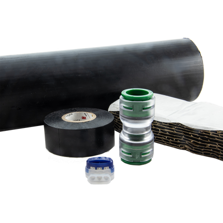 FuturePath splice kit contents - HDPE protective sleeve, straight MicroDuct coupler, 36 ft vinyl electrical tape roll, sealant strips and pinpoint wire connector