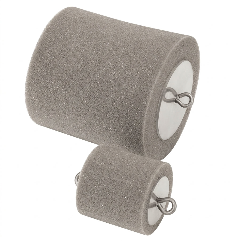 Condux Foam Carriers in two sizes, showing gray cylindrical foam bodies, circular end plates and metal attachment loops for duct blower applications