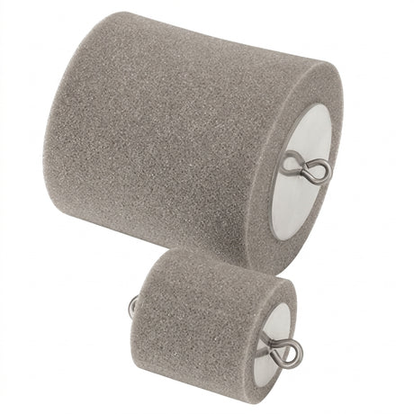Condux Foam Carriers in two sizes, showing gray cylindrical foam bodies, circular end plates and metal attachment loops for duct blower applications