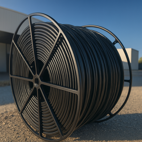 HDPE conduit SDR 11 on a reel, designed for power and telecommunications, featuring a smooth black finish.