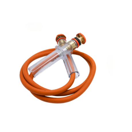 Insulated jumper clamp with clear body and orange spring-loaded hose for utility applications. Standard options available.