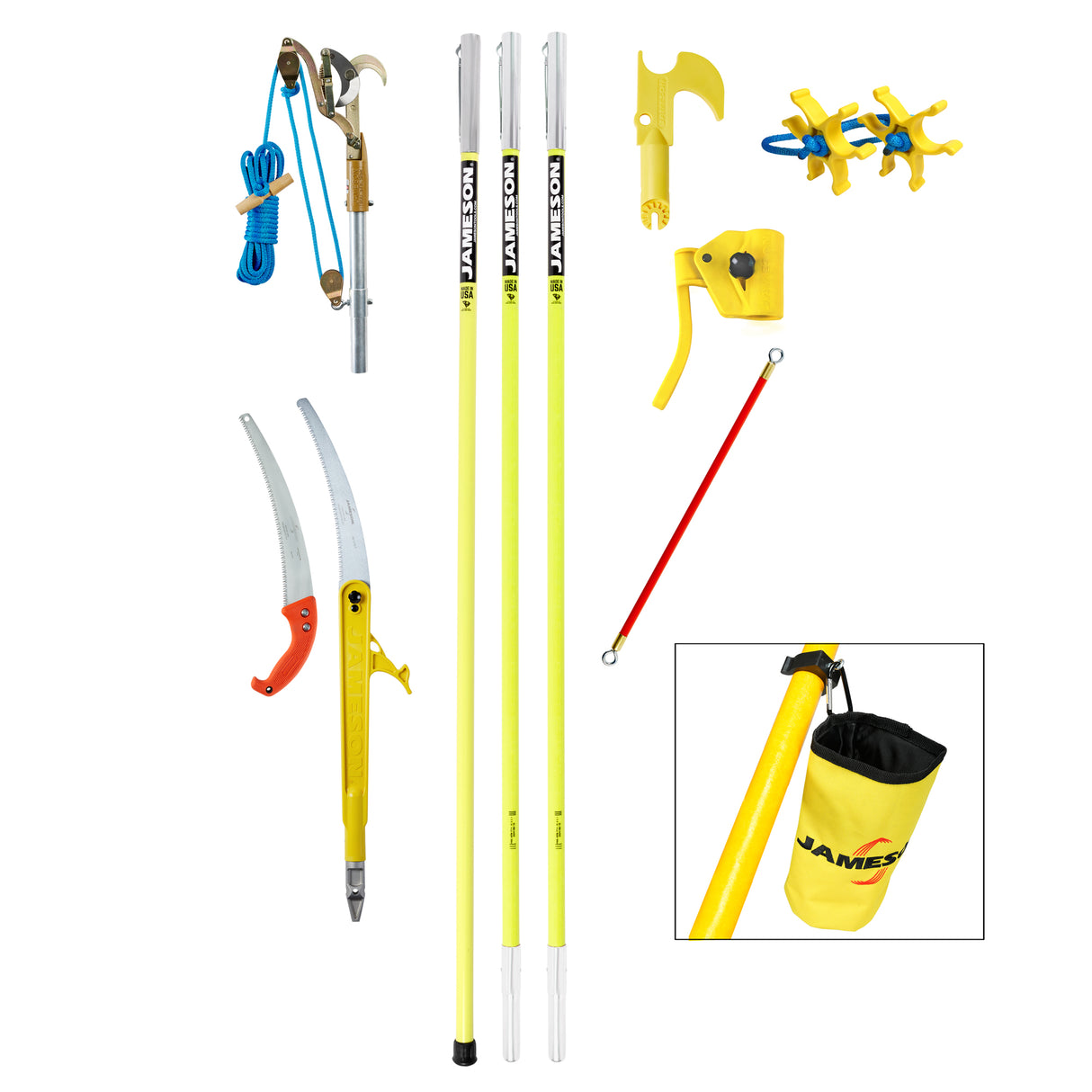 Jameson JE-6PKG-8 foam core line clearance kit with 18 ft pole, JA-34 double pulley pruner, folding pole saw, and full accessory set