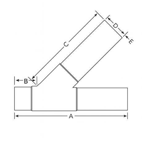 Technical Line Diagram of Molded HDPE Lateral Wye Showing Dimensions A, B, C, D, and E
