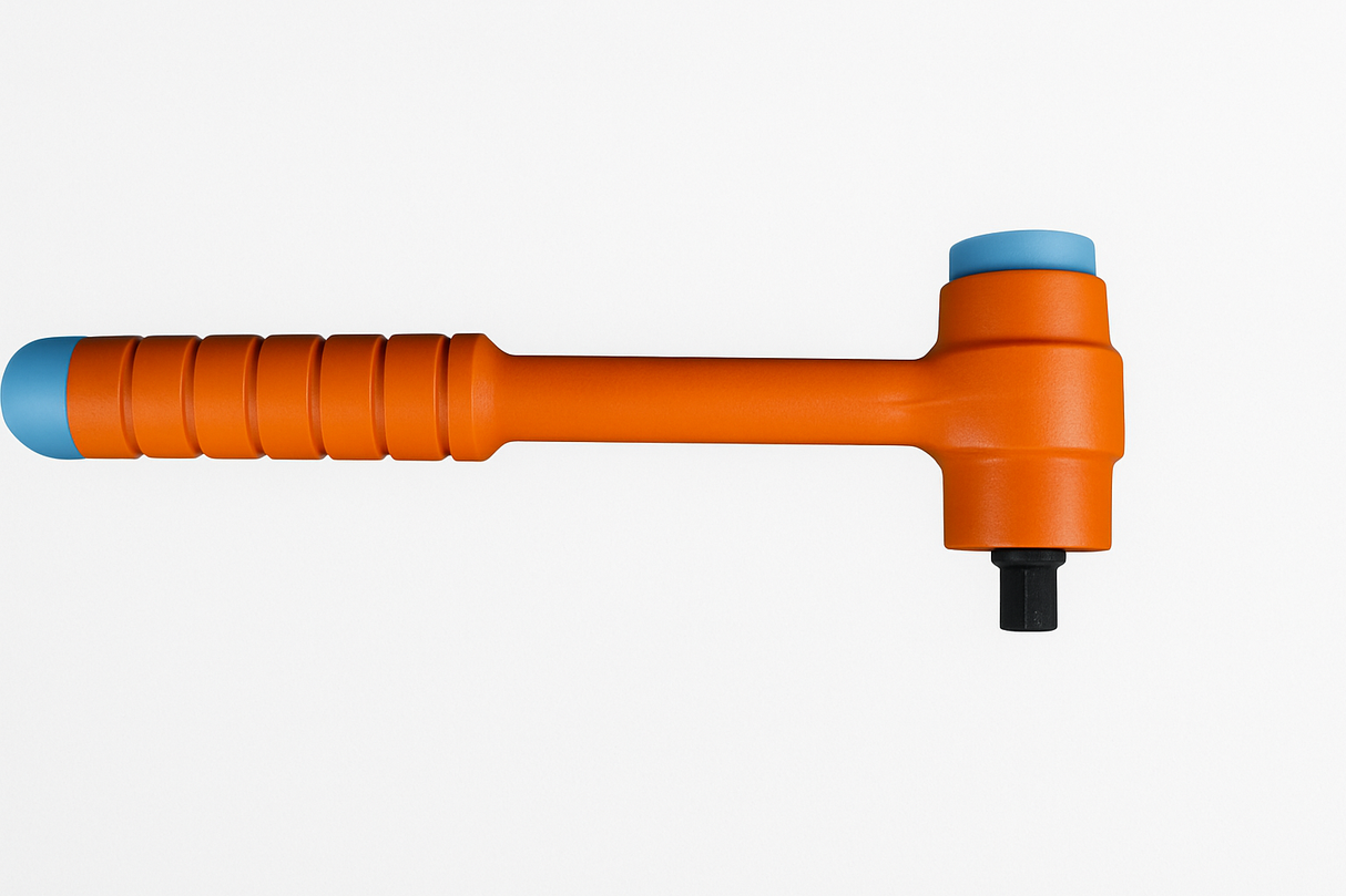 Insulated reversible torque wrench with a locking system, rated for 1000V, featuring an orange handle and blue accents.