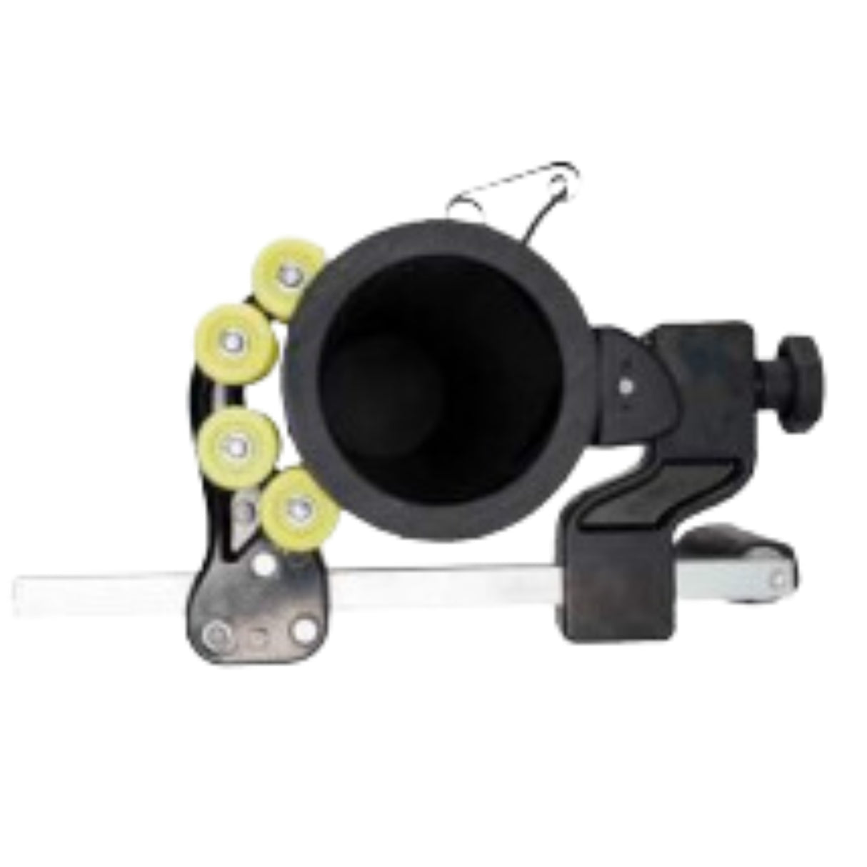 Front view of orbital scraper peeler showing cutting head and guide system