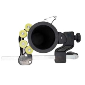 Front view of orbital scraper peeler showing cutting head and guide system