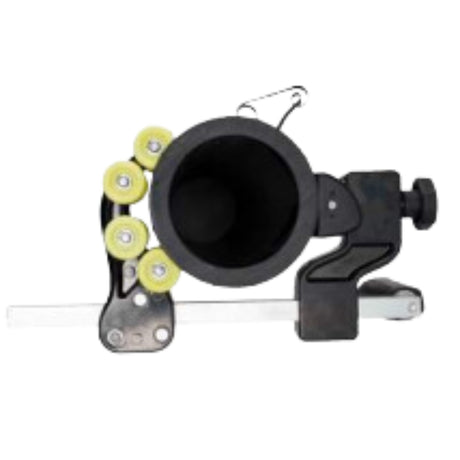 Front view of orbital scraper peeler showing cutting head and guide system