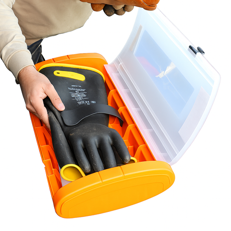 Protective glove box for rubber insulating gloves, featuring a durable storage case with a secure lid.