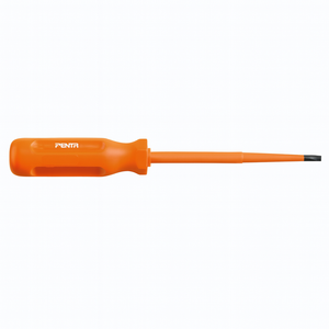 Insulated slotted screwdriver with a slim tip, 1000V rated, featuring a bright orange handle for safety and visibility.