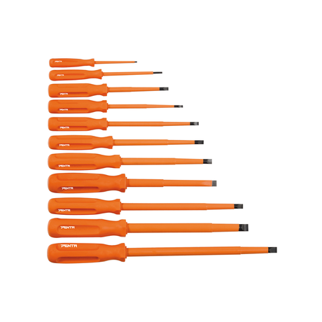 A set of insulated slotted screwdrivers with injected slim tips, rated for 1000V, displayed in various sizes.
