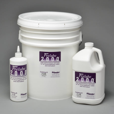 Bucket, gallon jug, and quart squeeze bottle of Polywater Prelube 2000 Winter Grade cable-blowing lubricant displayed together on a gray background