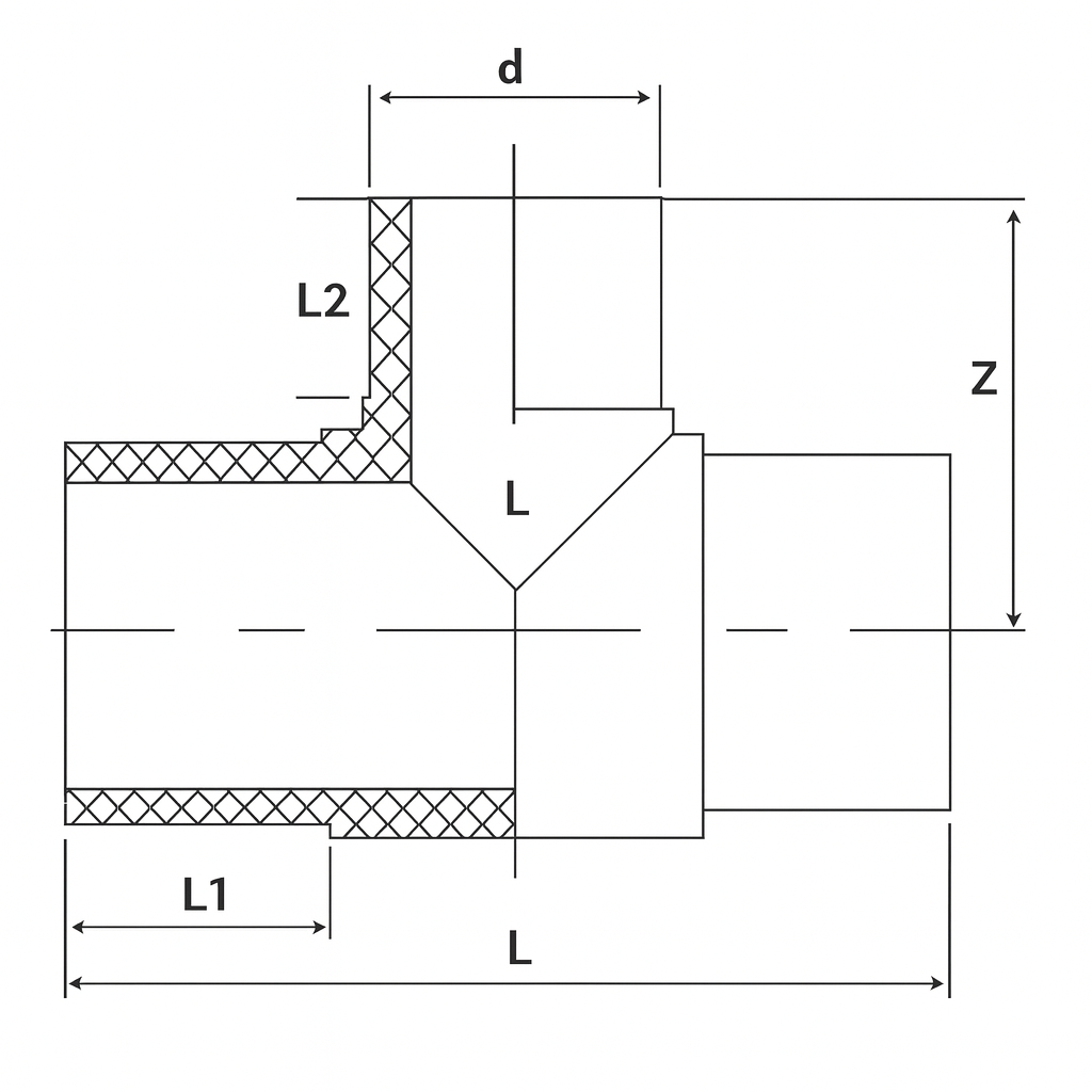 Technical diagram of a molded HDPE reducing tee with labeled dimensions (L, L1, L2, D, d, Z) for engineering reference