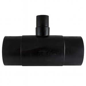 HDPE molded reducing tee with smooth black finish on a white background for product listing