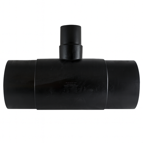 HDPE molded reducing tee with smooth black finish on a white background for product listing