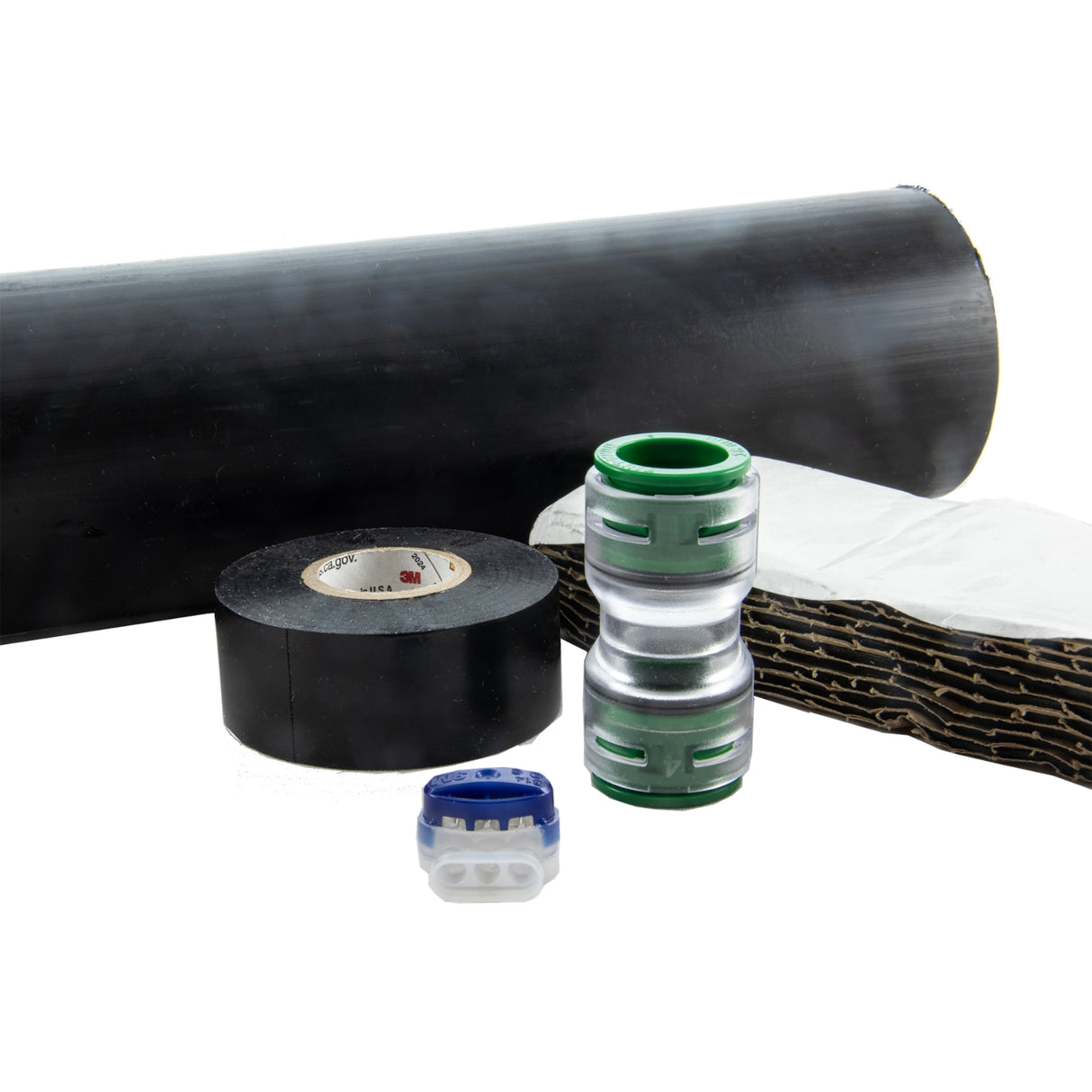 Jumbo FuturePath splice kit contents - HDPE protective sleeve, Clear-Lock couplers, vinyl electrical tape, sealant strips and pinpoint wire connector