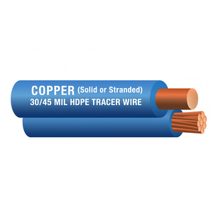 Copper tracer wire, solid or stranded, in 30/45 mil HDPE for underground utility locating.