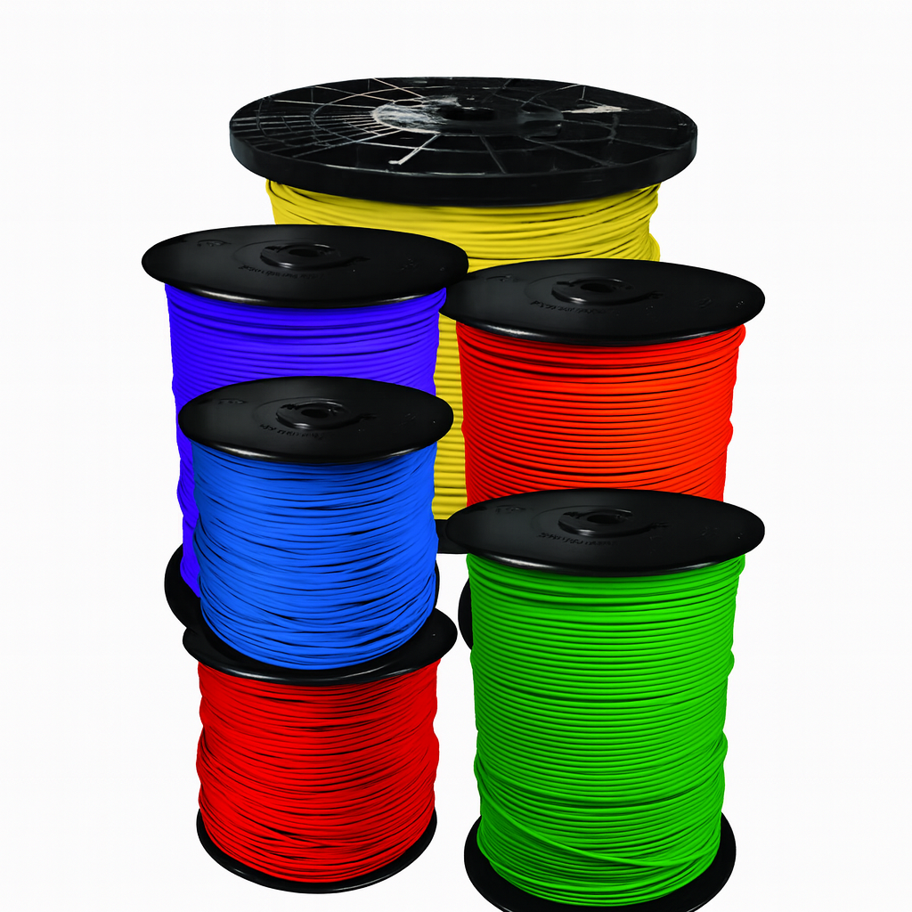 Colorful spools of tracer wire including yellow, blue, red, and green designed for underground utility locating.