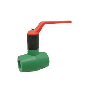 PP-RCT ball valve from the 1501PAB series featuring polyfusion connections and a lead-free brass handle.